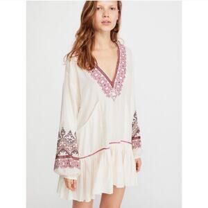 Free People Wild One Embroidered Mini Dress Cream Flowy Boho Size Medium